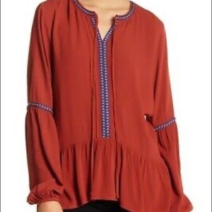 RO & DE Braid Trim Burnt Orange High Low Smocked Long Sleeve Blouse Medium